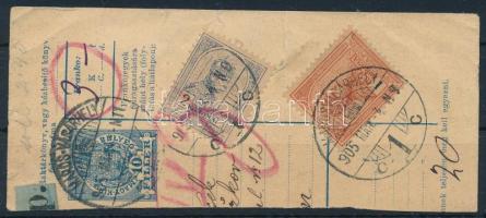 1905 Csomagszállító szelvény Turul 1K és 2K bélyegekkel (bélyegzett bélyegérték 30.000)