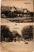 Ukk, Vasútállomás, gőzmozdony, vasutasok, utcarészlet. Vasúti levelezőlapárusítás 7000. (EM)