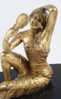 Tükörbe néző hölgy - art deco bronz szobor márvány talapzaton, jelzett, keze sérült, 26x16 cm