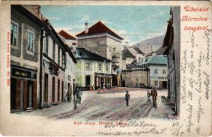 1903 Körmöcbánya, Kremnitz, Kremnica; Untere Gasse / Alsó utca, Süsz Mari, Tandlich Fülöp, Klein, Varga üzlete. Kiadja Braun Ármin No. 6629. / street view, shops (EM)