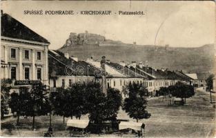 1921 Szepesváralja, Kirchdrauf, Spisské Podhradie; Platzansicht / látkép, vár, Vozári Rezső üzlete, piac. D. K. E. / Spissky hrad / general view, castle, shop, market (EB)