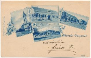 1900 Varjas, Varias; Római katolikus templom, Takarékpénztár, Schnur szálloda. Schmidt Edgar kiadása, szecessziós-virágos keret / Catholic church, savings bank, hotel. Art Nouveau, floral frame (fl)