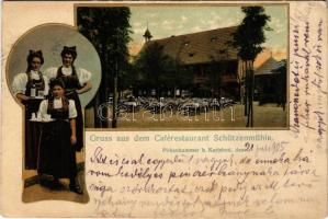 1905 Brezová, Pirkenhammer (Karlovy Vary, Karlsbad); Gruss aus dem Caférestaurant Schützenmühle in Pirkenhammer bei Karlsbad. Hiller &amp; Gottschalt / café restaurant, lady with beer mugs. Art Nouveau, litho (EK)
