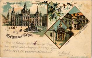 1899 Graz, Hauptplatz mit dem Rathhaus, Mausoleum, Hof im Landhaus / town hall, main square. E. Presuhn Art Nouveau, floral, litho (fl)