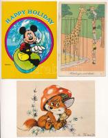 21 db MODERN motívum képeslap: poén, reklám, humor, bábfilm, rajzfilm; vegyes minőségben