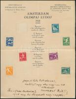 Hollandia 1927 Olimpia eszperantó emléklap, a sorozat 7 értéke a bélyeg sarkánál felragasztva, a 30C postatiszta