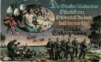 1915 Fröhliche Ostergrüsse! / Húsvéti üdvözlet osztrák-magyar katonákkal / WWI Austro-Hungarian Easter greeting with K.u.k. soldiers (kopott élek / worn edges)