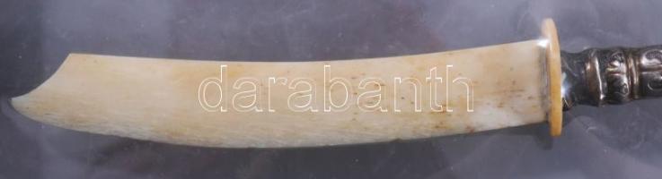 Antik fémnyelű csont vajazókés, tartóban, h: 19 cm