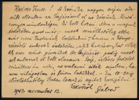 1943 Lükő Gábor (1909-2001) néprajzkutató, szociálpszichológus autográf levelezőlapja Szabó Imre (19...