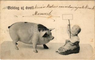 1906 Boldog Újévet! Malac és baba csizmában. A.B.D. Serie 106. / New Year greeting art postcard with pig and baby in boots (EB)