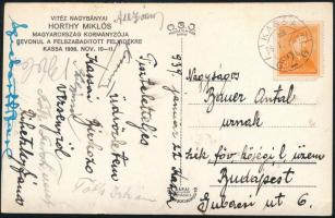 1939 Kassa, kassai birkózóversenyről küldött képeslap összesen 8 db aláírással, köztük Rihetzky János (1903-1976) tizenegyszeres birkózóbajnok, Sziebert Imre, a Birkózó Szövetség kormánybiztosa, Tóth István, Tóth Ferenc és mások
