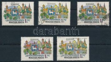 1969 Dunakanyar 1Ft 5 db bélyeg különböző színváltozatokban, festékelcsúszásokkal és festékhiánnyal