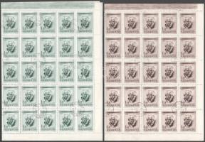 1955 Bartók Béla 1Ft zöld és 1Ft barna hajtott teljes ívekben, az ismert lemezhibákkal