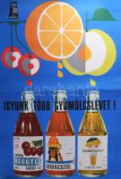 cca 1970 Igyunk több gyümölcslevelet, reklámplakát, ofszet, papír, jelzés nélkül, Offset-Nyomda, 81x56,5 cm. Hajtásnyomokkal. Apró lapszéli szakadásokkal. Feltekerve.