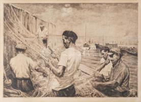 Csáki Maronyák József (1910-2002): Hálószövők. Rézkarc, papír. Jelzett, üvegezett fakeretben. 26x37 cm