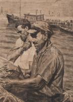 Csáki Maronyák József (1910-2002): Hálószövők. Rézkarc, papír. Jelzett, üvegezett fakeretben. 26x37 ...