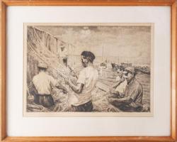 Csáki Maronyák József (1910-2002): Hálószövők. Rézkarc, papír. Jelzett, üvegezett fakeretben. 26x37 ...