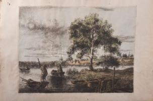 Görög Rezső (1930-): Velencei halászok. Színes rézkarc, papír, jelzett. Lap széle kissé sérült és ki...