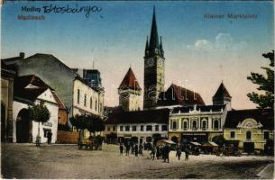 1924 Medgyes, Mediasch, Medias; Kleiner Marktplatz / Kis piac, William Breckner üzlete, Evangélikus templom. Georgette Reissenberger kiadása / market square, shops, Lutheran church (EK)