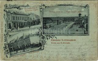 1900 Nagykikinda, Kikinda; Koronaherceg út, Frank Dezső üzlete, Ferenc József tér este holdfényben, Nemzeti szálloda. Johann Radak kiadása, szecessziós-virágos keret / street view, shops, square at night in moonlight, hotel. Art Nouveau, floral frame (Rb)