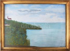 Márton László (XX. sz. vége/XXI. sz. eleje): Tihanyi belső öböl (Balaton). Olaj, farost, jelzett. Üvegezett, kissé sérült fakeretben. 50x70 cm