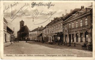 1913 Moson (Mosonmagyaróvár), Fő utca, Otthon kávéház (Schulz J.), üzletek. Freitag Frigyes kiadása (kis szakadások / small tears)