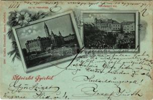 1899 Győr, Új városháza, Széchenyi tér este holdfényben. Ehrenthál Ignác kiadása, Art Nouveau, floral (EB)