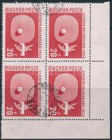 1958 Sport (III.) 20f négyestömb, a 4. bélyegen fehér folt lemezhiba az "f" betűnél