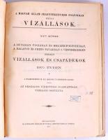 A Magyar Állam jelentékenyebb folyóiban észlelt vízállások. XXV. köt. A Dunában, Tiszában és mellékfolyóikban, a Balaton és Fertő tavakban s vízvidékeiken észlelt vízállások és csapadékok 1910. évben. A földmivelésügyi m. kir. minister úr rendelete alapján kiadja az Országos Vízépítési Igazgatóság Vízrajzi Osztálya. Bp., 1911, Athenaeum, 529+[5] p.+ 20 (mellékletek) t. Kiadói félvászon-kötés, kissé viseltes, foltos borítóval, helyenként kissé foltos lapokkal, részben szétváló fűzéssel.