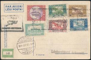1924 Első Magyar Filatelista nap Esztergom-Budapest repülés légi levelezőlap Ikarusz és Koronás Madonna bélyegekkel