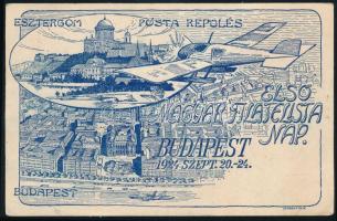 1924 Első Magyar Filatelista nap Esztergom-Budapest repülés légi levelezőlap Ikarusz és Koronás Mado...