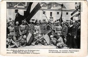 Verbrüderung der deutschen Skutaritruppen mit österreichischen Soldaten in Wien. Kriegspostkarte des "Guten Kameraden". Aus "Illustrierte Geschichte des Weltkrieges 1914" / WWI German and K.u.K. military, troops from Shkodra (Scutari) (b)