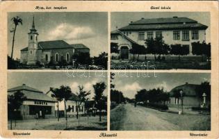1948 Akasztó, Római katolikus templom, Elemi iskola, utca részlet, Hangya szövetkezet üzlete (EK)