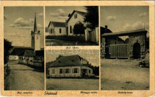 Sóvárad, Sarateni (Maros); Református templom és iskola, Székelykapu, Hangya szövetkezet üzlete és saját kiadása / Calvinist church and school, cooperative shop (EK)