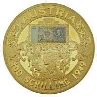 Ausztria DN "100sch 1949 / Der Schilling im wandel der zeit" kétoldalas multicolor rátétes aranyozott Cu emlékérem kapszulában (49mm) T:PP Austria ND "100 Schilling 1949 / Der Schilling im wandel der zeit" gilt Cu medllion with multicolor inlay, in capsule (49mm) C:PP