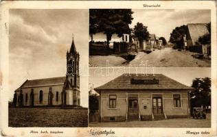 Sóshartyán, Római katolikus templom, utca részlet, automobil, Hangya szövetkezet üzlete (felületi sérülés / surface damage)