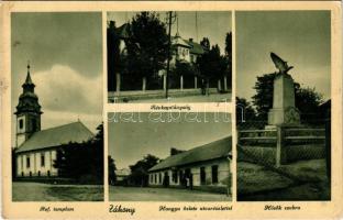 1940 Záhony, Református templom, Révkapitányásg, Hősök szobra, Hangya szövetkezet üzlete és saját kiadása (EK)