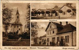 1942 Vértesszőlős, Római katolikus templom és hősi emlékmű, vasútállomás, Hangya szövetkezet üzlete (EB)