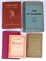 Vegyes zenei témájú könyv tétel, 5 db: Tóth Aladár - Szabolcsi Bence: Mozart élete és művei.; Kornstein Egon: Beethoven vonósnégyesei.; Romain Rolland: Zenei miniatürök. Ford.: Benedek Marcell.; Hans Wagner-Schönkirch - Alexander Goldinger: Theoretisch-praktische Musik- u. Harmonielehre für den Unterricht an Lehrerbildungsanstalten, Konservatorien, Volkshochschulen und Musikschulen aller Art.; R.-Aloys Mooser (szerk.): Dissonances. Revue musicale indépendante. No. 5. Változó állapotban.