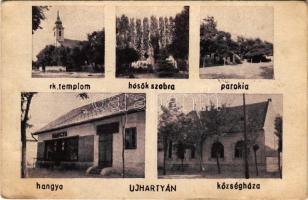 Újhartyán, Római katolikus templom, Hősök szobra, parókia, községháza, Hangya szövetkezet üzlete és saját kiadása (fa)