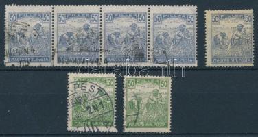 1920/24 Arató 50f ibolyakék négyescsík magasabbra fogazva + támpéldány, és Arató 50f elfogazva + támpéldány