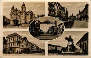 Kolozsvár, Cluj; Nemzeti színház, Minerva Biztosító, Erdély visszatér bevonuláskori irredenta díszkapu, automobilok / theatre, insurance company, Irredenta decorated gate from the entry of the Hungarian troops, automobiles (EK)