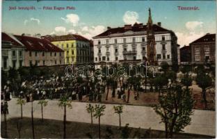 1914 Temesvár, Timisoara; Jenő herceg tér, Rukavina emlékmű, Turul cipőgyár részvénytársaság, piac, Agrár takarékpénztár, Turul cipőgyár részvénytársaság főraktára. Moravetz Testvérek kiadása / square, monument, market, savings bank, shops (EK)