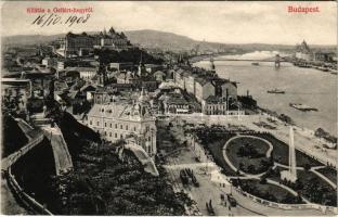 1908 Budapest I. Kilátás a Gellért-hegyről, Királyi vár, Tabán, villamos. Divald Károly műintézete 575-1908. (EK)