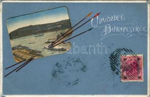 Budapest XI. Citadella, Gellérthegy. Szecessziós, dombornyomott montázs festő ecsetekkel és palettával. Art Nouveau, Emb. (EK)