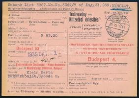 1939 Postautalvány tértivevénye Budapestről Magyarkomjátra, magyar-rutén kétnyelvű érkezési bélyegzéssel. Rendkívül ritka Kárpát-Ukrajna postatörténeti dokumentum, luxus minőségben