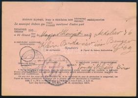 1939 Postautalvány tértivevénye Budapestről Magyarkomjátra, magyar-rutén kétnyelvű érkezési bélyegzé...