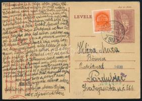 1942 12f díjjegyes levelezőlap azonos címletű Templom 12f díjkiegészítéssel, "FÜLEK-ROZSNYÓ / 90 A" mozgóposta bélyegzéssel, 4 jelzéssel cenzúrázva, a Cseh-Morva Protektorátusba küldve