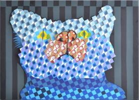 Sugár Gábor (1976-): Cica. Akril, foamix, vászon, jelzett, hátoldalán autográf felirattal és a művész bélyegzőjével, 50x70 cm