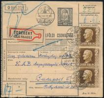 1942 Törékeny tartalma miatt terjedelmesként kezelt 17 kg-os csomag szállítólevele, Kormányzói arcképsor 3 x 2P + Templom 2 x 30f bérmentesítéssel, "DÉS" - Budapest